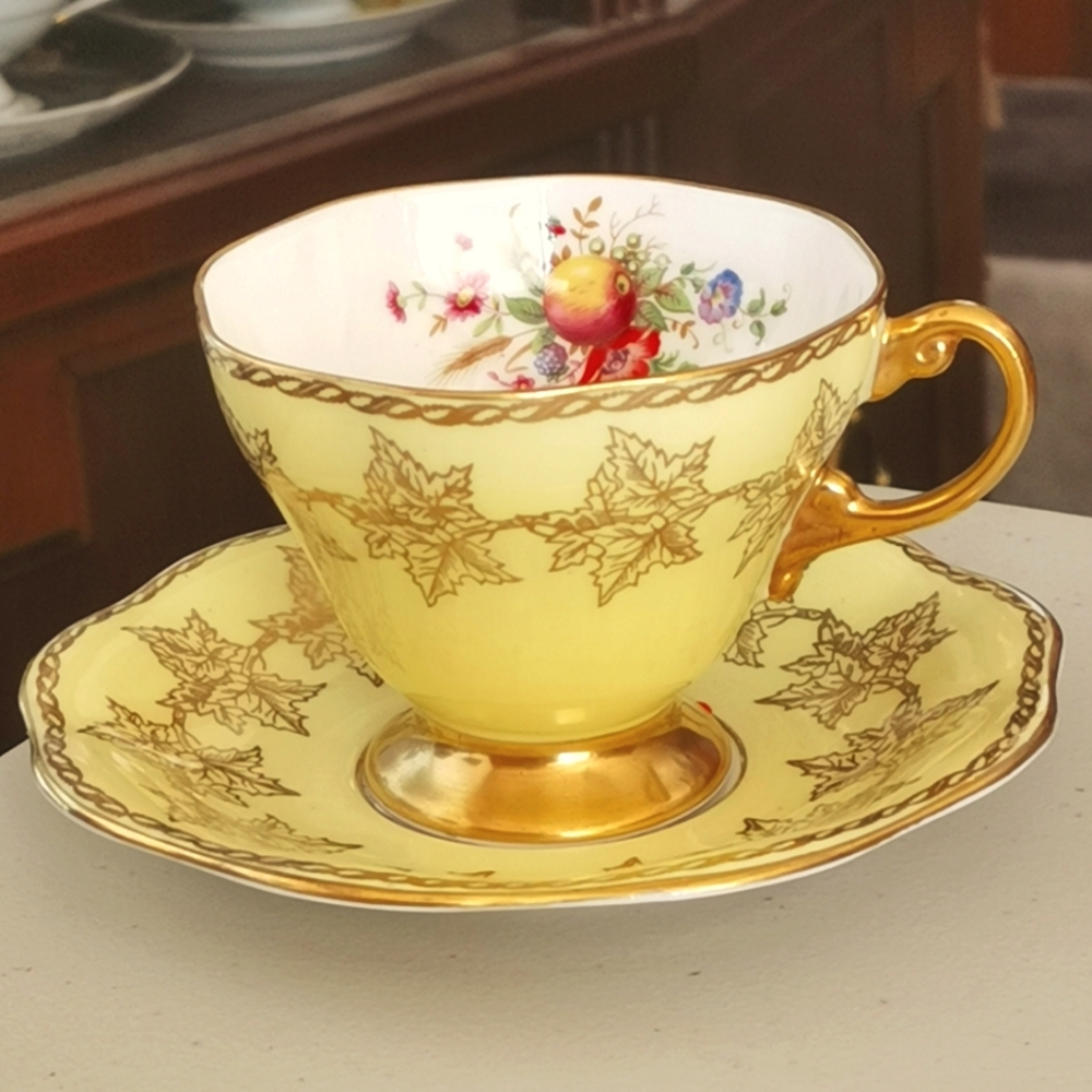 EB Foley 1850 Bone China Teacup and Saucer Yellow & Gold